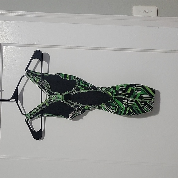 Black, green and white striped one piece speedo, open back bathing suit. Size 2 - Picture 2 of 2